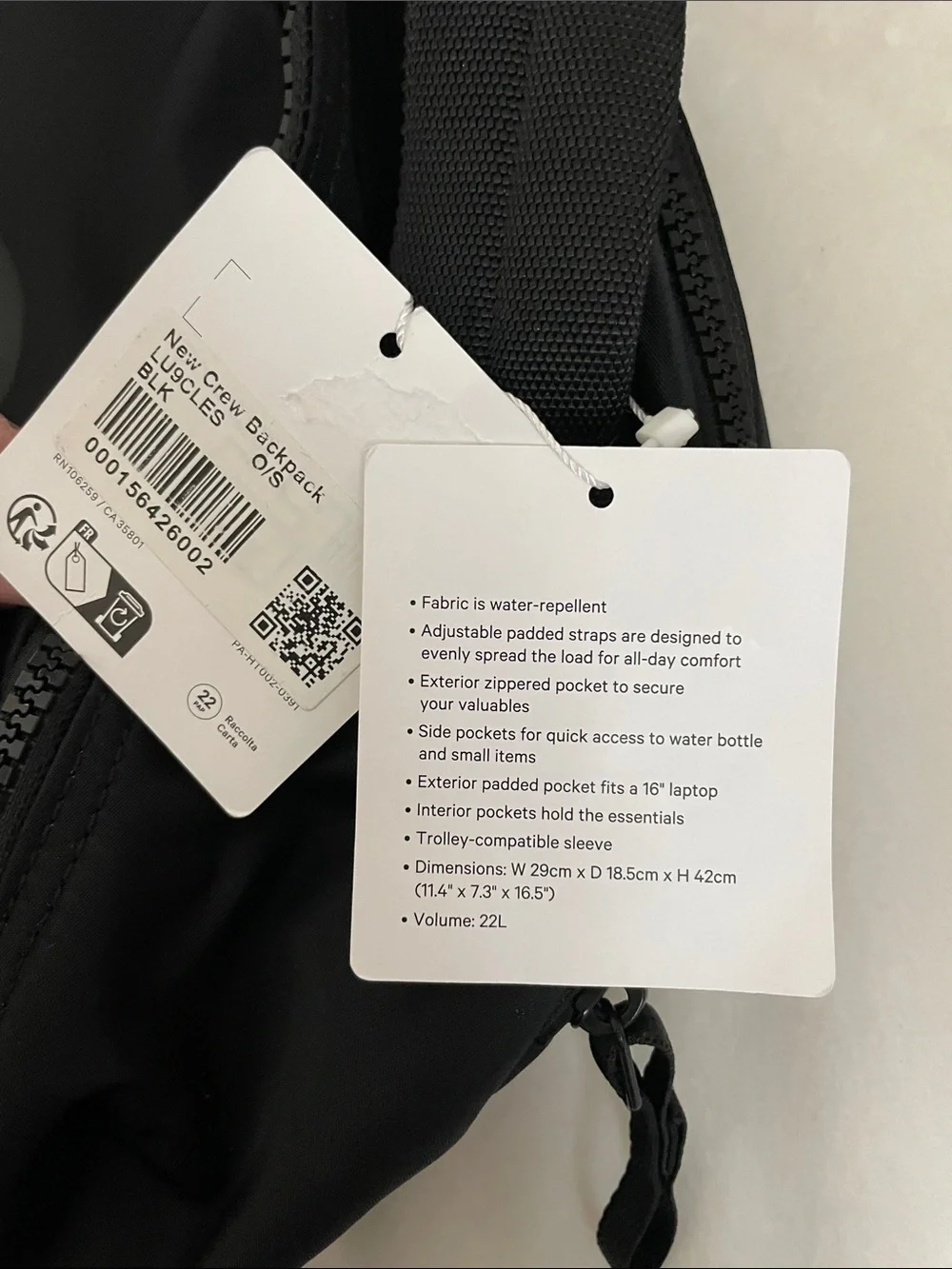 NWT Lululemon New Crew Black Backpack 22L